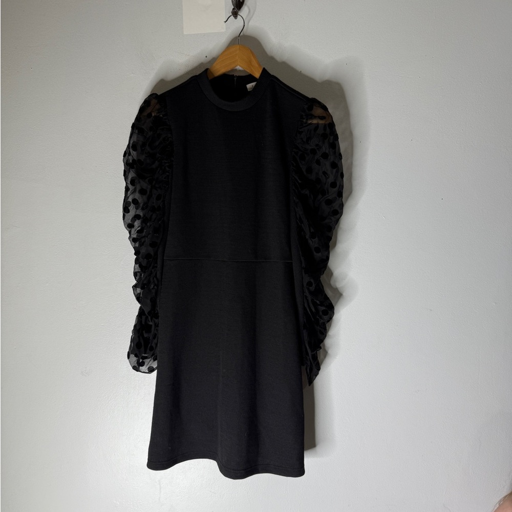 THML Black Mini Dress Long Sheer Polka Dot Puff Sleeve Dress Medium